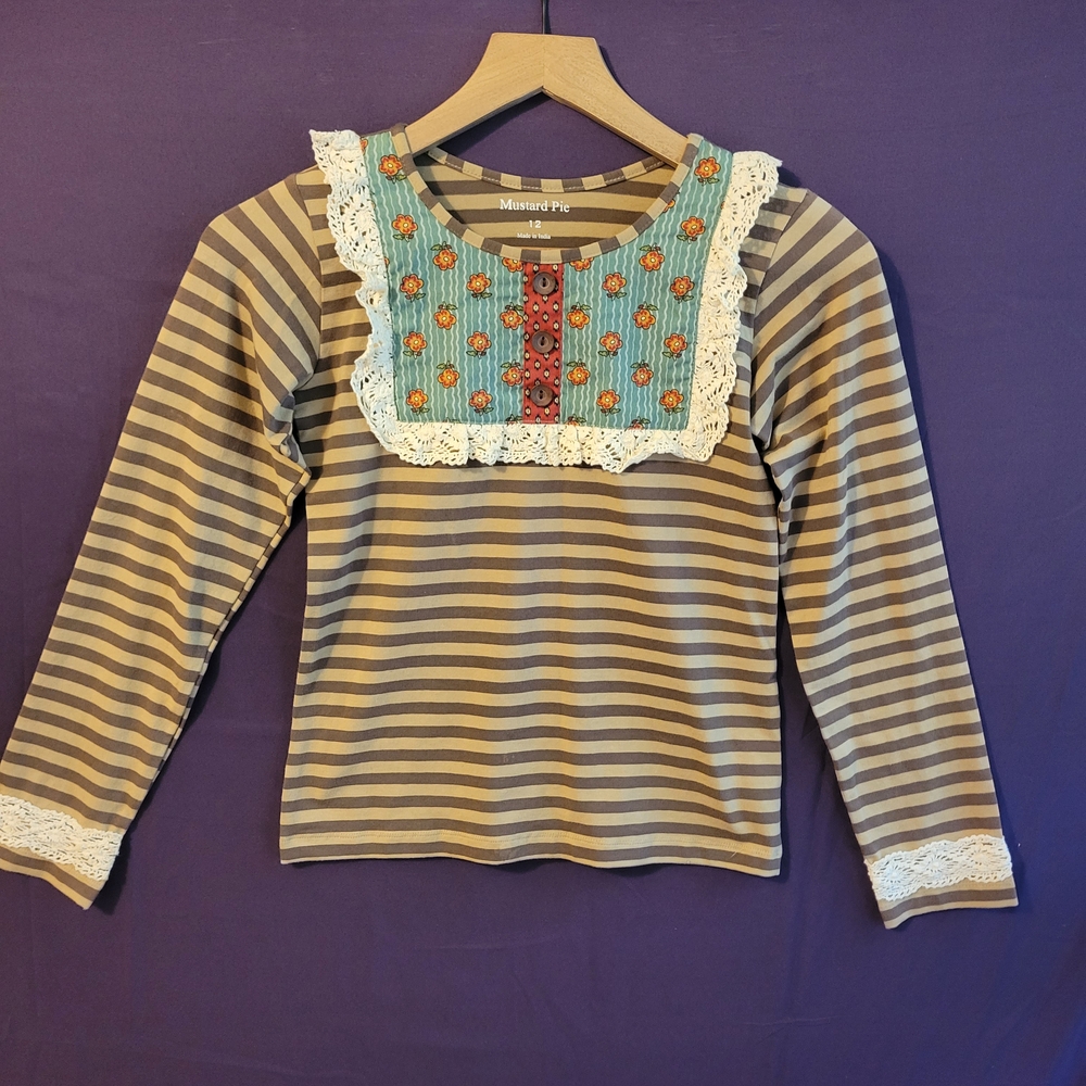 Mustard Pie Striped Girls Shirt with Lace Trim - Brown and Blue. Size 12